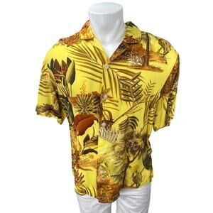 H&M Men's Multicolor Yellow Tropical Print Short Sleeve Button Down Shirt Top L